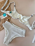 Striped Balconette Bikini Top & High-Waist Rope Bikini Bottom Set