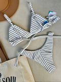 Noronha Coastal Stripe Fixed Triangle Bikini Top & Brazilian High Cut Bottom Set