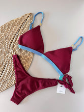 Carmine & Sky Blue Surf Fixed Triangle Bikini Top & High-Cut Bikini Bottom Set