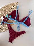 Carmine & Sky Blue Surf Fixed Triangle Bikini Top & High-Cut Bikini Bottom Set