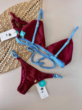 Carmine & Sky Blue Surf Fixed Triangle Bikini Top & Adjustable Thong Bikini Bottom Set