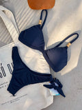 Noronha Navy Fixed Triangle Bikini Top & Brazilian High Cut Bottom Set