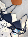 Noronha Navy Fixed Triangle Bikini Top & Brazilian High Cut Bottom Set