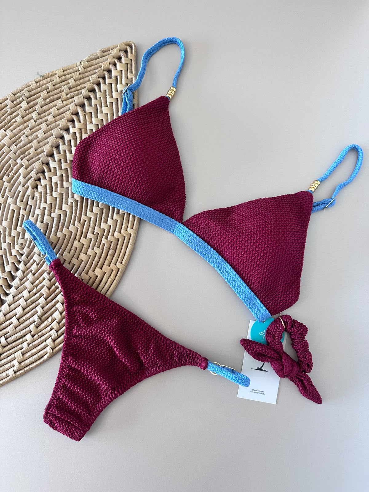 Carmine & Sky Blue Surf Fixed Triangle Bikini Top & Adjustable Thong Bikini Bottom Set