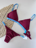 Carmine & Sky Blue Surf Fixed Triangle Bikini Top & Adjustable Thong Bikini Bottom Set