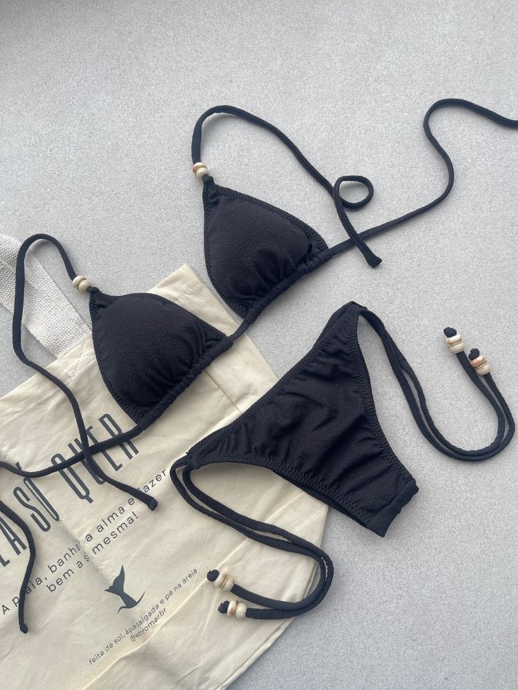 Biquíni Cortininha + Calcinha Lacinho Crispi Preto