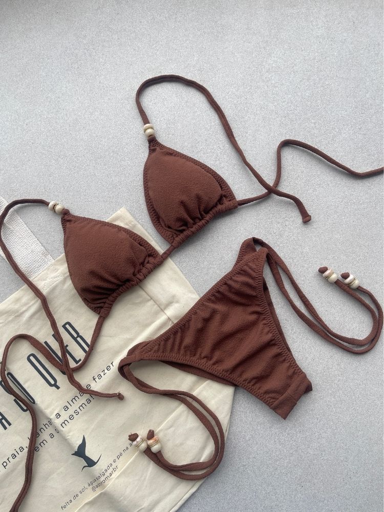 Biquíni Cortininha + Calcinha Lacinho Crispi Marrom Café