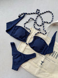 Noronha Navy Halter Cut Out Bikini Top & Brazilian High Cut Bottom Set