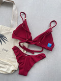 Tricot Burgundy Fixed Triangle Bikini Top & Brazilian High Cut Bottom Set