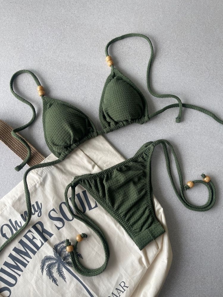 Noronha Cactus Green Triangle Bikini Top & Tie Side Bikini Bottom Set