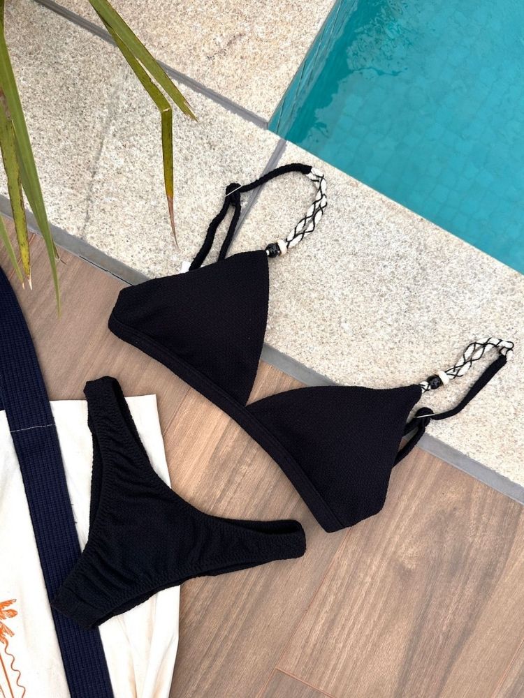 Noronha Black Cord Fixed Triangle Bikini Top & Brazilian High Cut Bottom Set