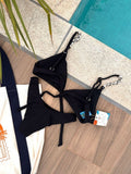 Noronha Black Cord Fixed Triangle Bikini Top & Brazilian High Cut Bottom Set