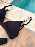 Noronha Black Cord Fixed Triangle Bikini Top & Brazilian High Cut Bottom Set