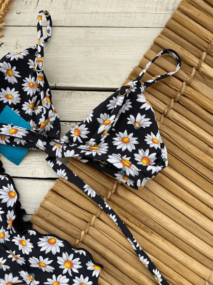 Bikini Top Triangle Surf Black Flower